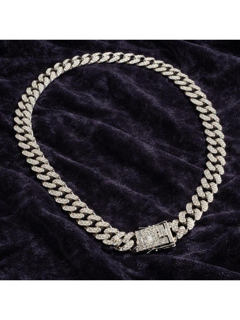 Men’s Iced Out Cuban Link Chain Rhinestone Chunky Hip Hop Necklace